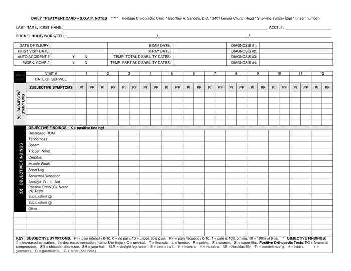 Sample daily treatment card for chiropractic clinic in Word and Pdf formats