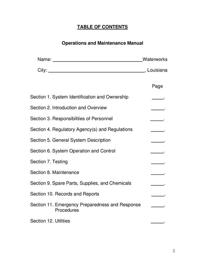 Operation And Maintenance Manual For Water Systems In Word And Pdf ...