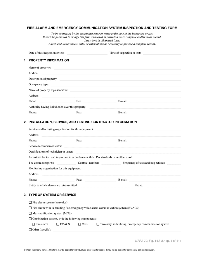 Fire alarm, emergency communication system inspection and testing form ...