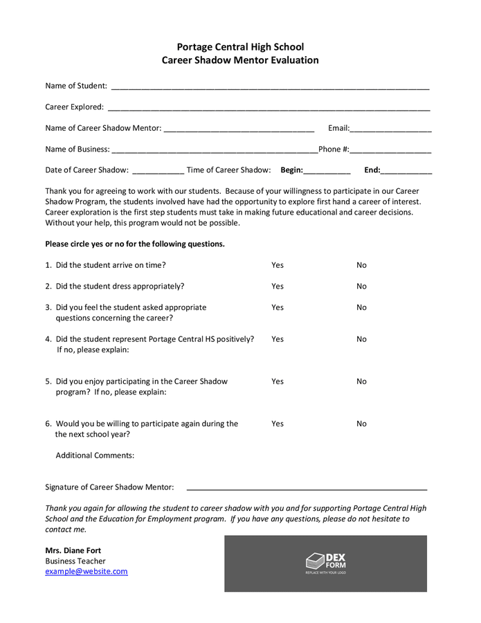 Career shadow mentor evaluation sample in Word and Pdf formats