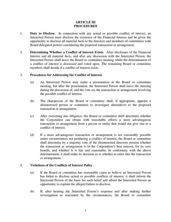 Sample Form Conflict Of Interest Policy For Nonprofit Corporation 