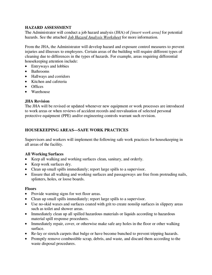 Workplace Housekeeping Plan Template In Word And Pdf Formats Page 3 Of 11