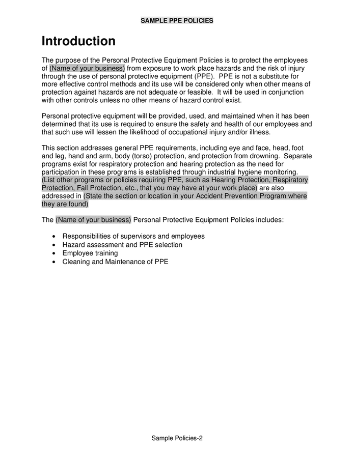 Sample PPE policies in Word and Pdf formats page 3 of 9