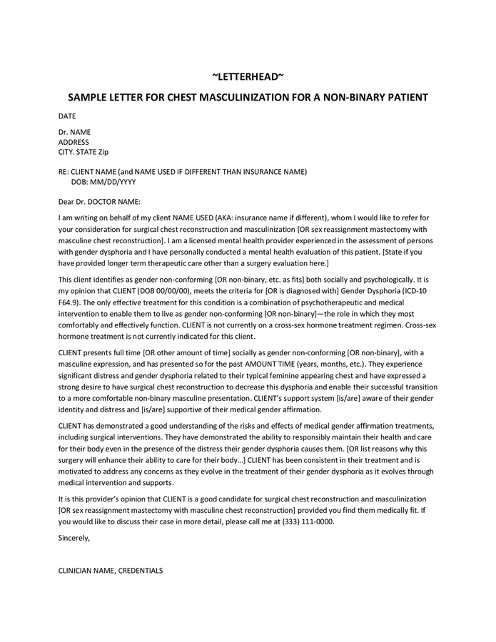 Sample letter for chest masculinization for a nonbinary patient in