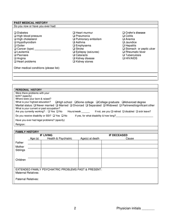 Patient history form in Word and Pdf formats - page 2 of 4