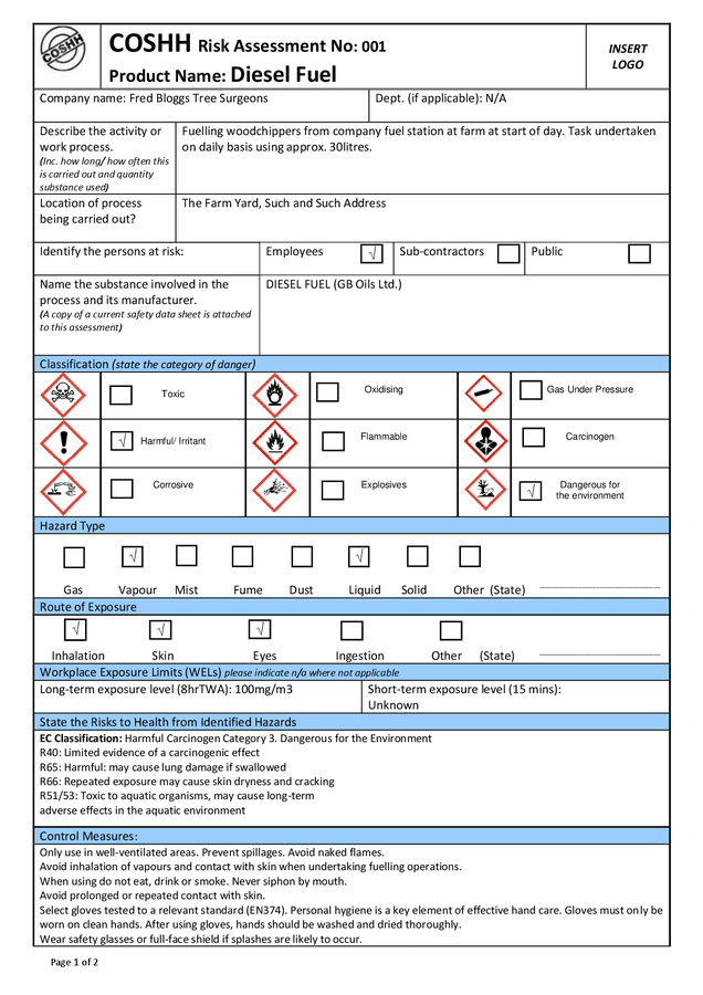 Coshh Risk Assessment Template In Word And Pdf Formats