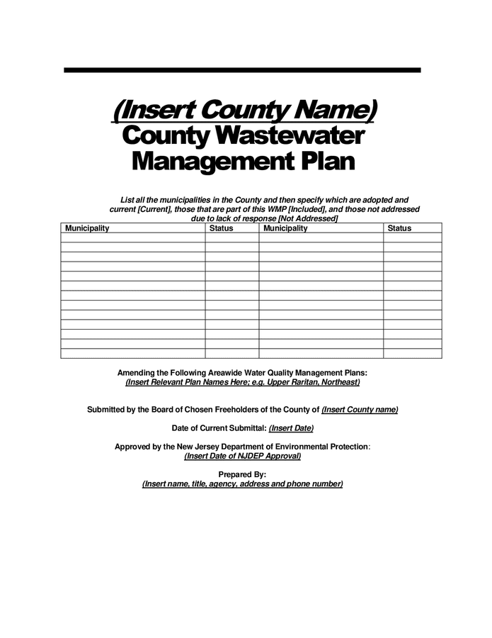 County wastewater management plan template (New Jersey) in Word and Pdf