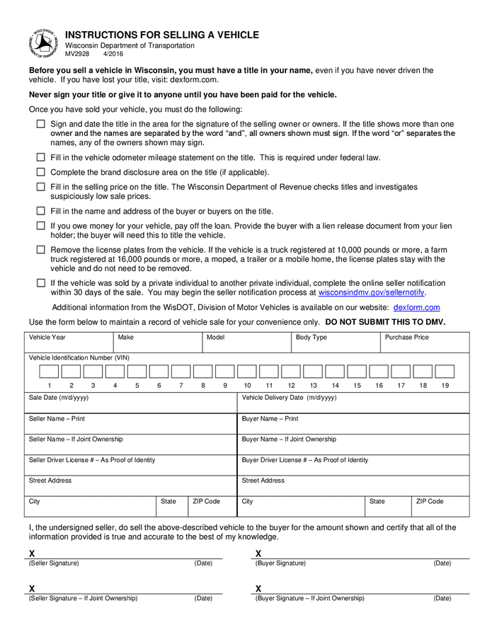 Selling a vehicle form (Wisconsin) in Word and Pdf formats