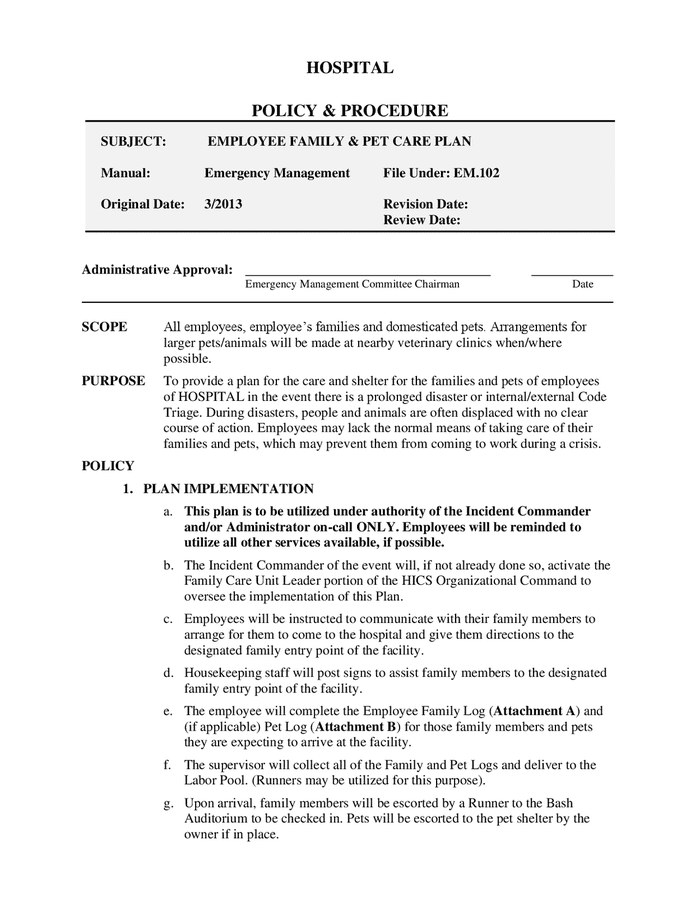 Employee family & pet care plan template in Word and Pdf formats