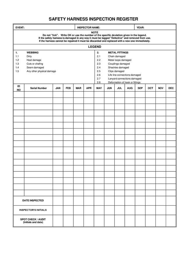 Safety harness inspection register form in Word and Pdf formats