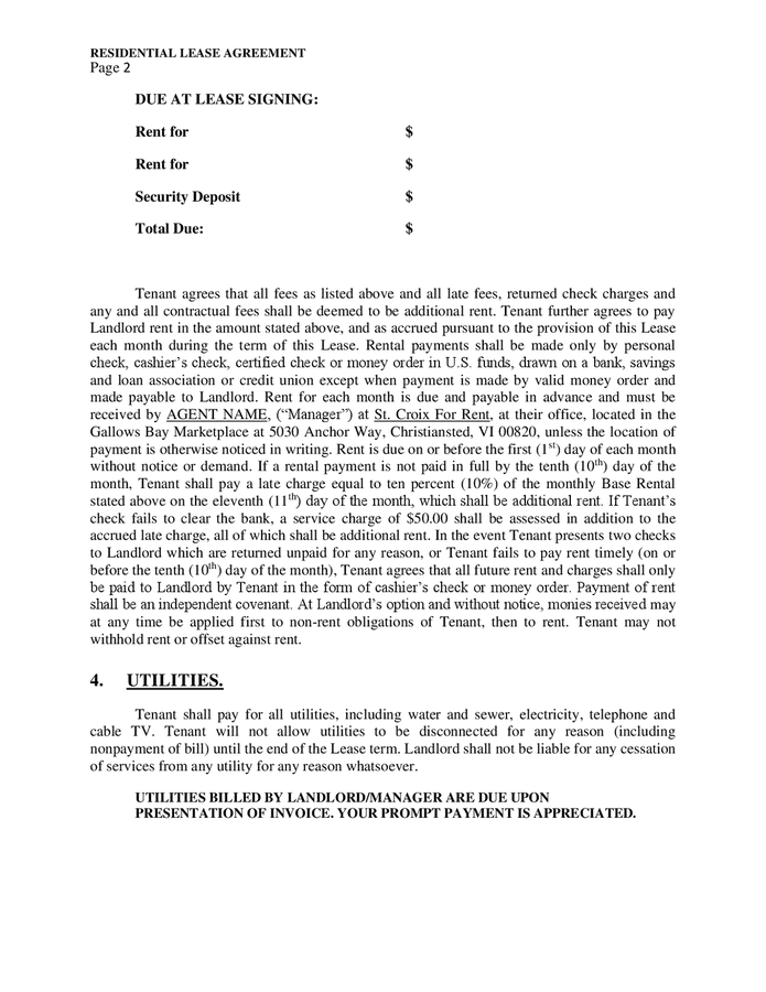 Residential lease agreement sample (Virgin Islands) in Word and Pdf