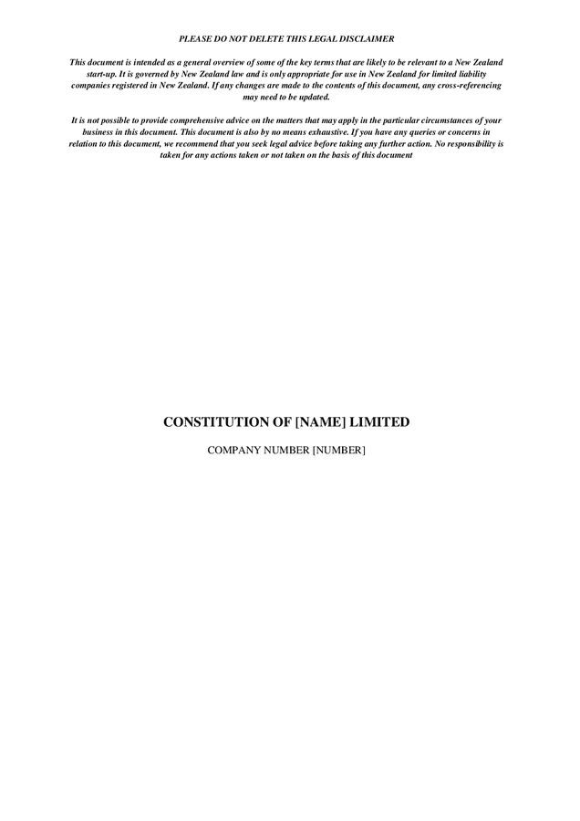 Company constitution template (New Zealand) in Word and Pdf formats