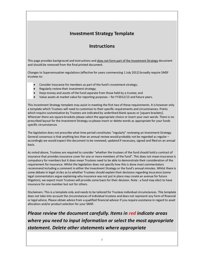 Investment strategy template in Word and Pdf formats