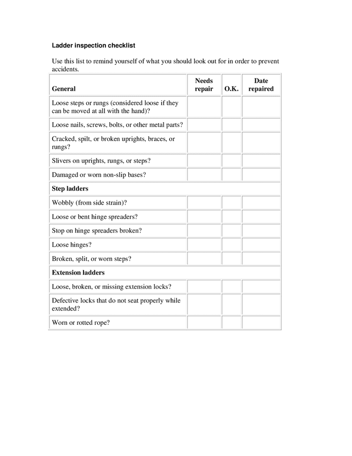 Ladder inspection checklist in Word and Pdf formats