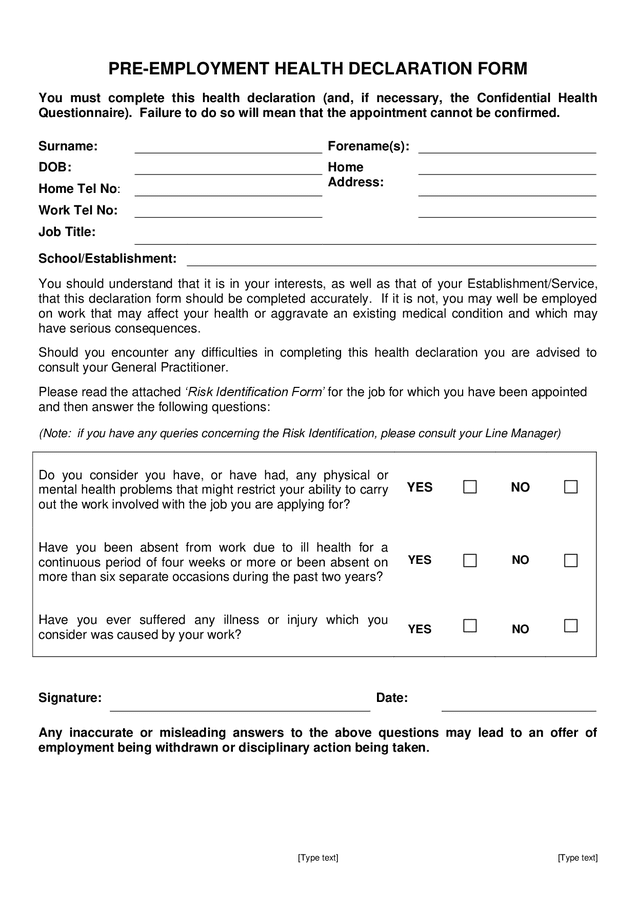 Pre Employment Health Declaration Form Great Britain In Word And Pdf Formats 0281