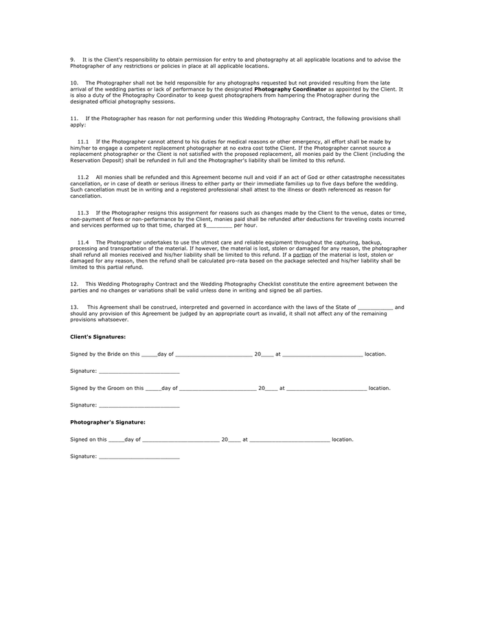 Wedding Photography Contract in Word and Pdf formats - page 2 of 2