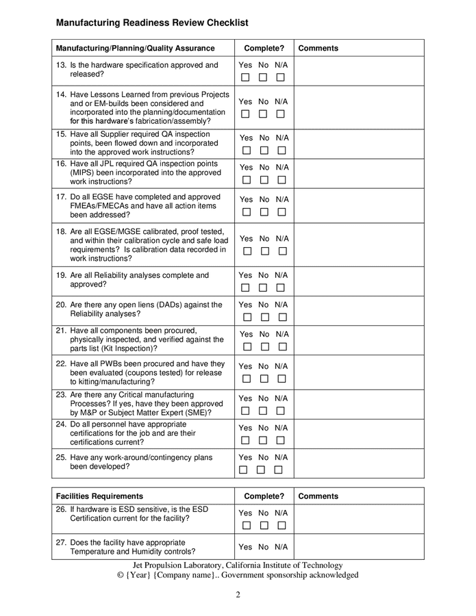 Manufacturing Readiness Review Checklist In Word And Pdf Formats Page 