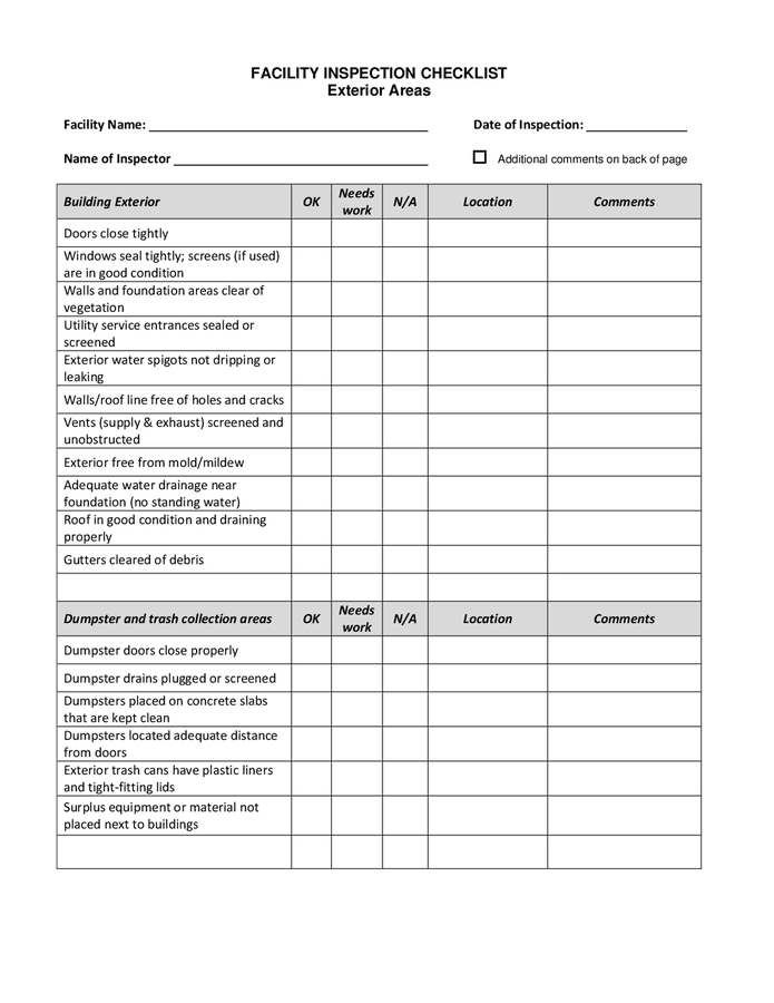 Facility Inspection Checklist In Word And Pdf Formats