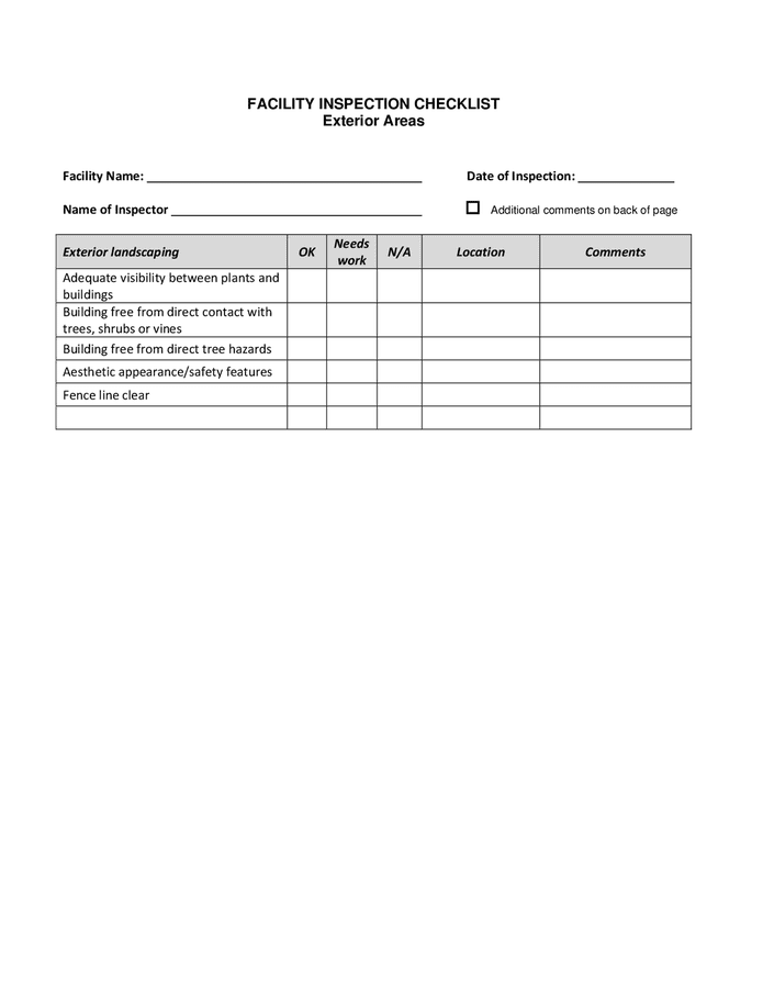 Facility inspection checklist in Word and Pdf formats page 2 of 2