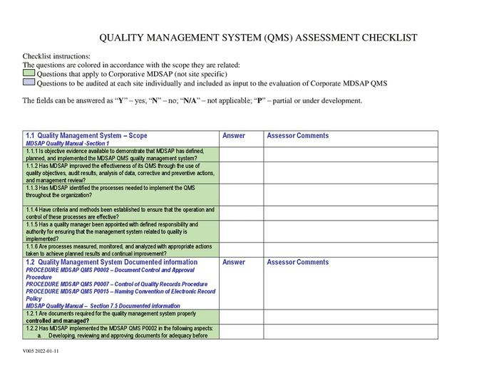 Quality Management System (QMS) Assessment Checklist In Word And Pdf ...