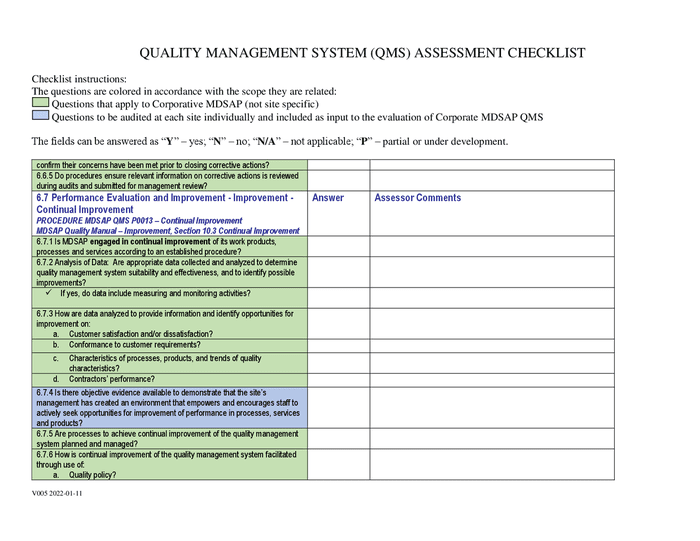 Quality management system (QMS) assessment checklist in Word and Pdf ...
