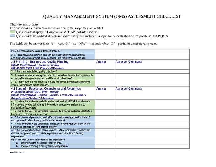 Quality management system (QMS) assessment checklist in Word and Pdf ...