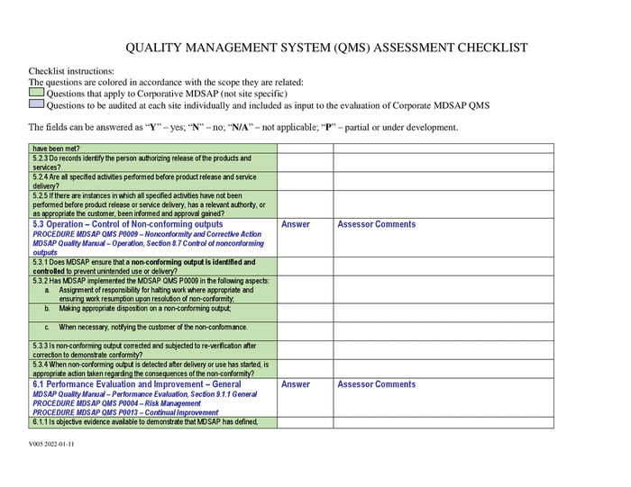 Quality management system (QMS) assessment checklist in Word and Pdf ...