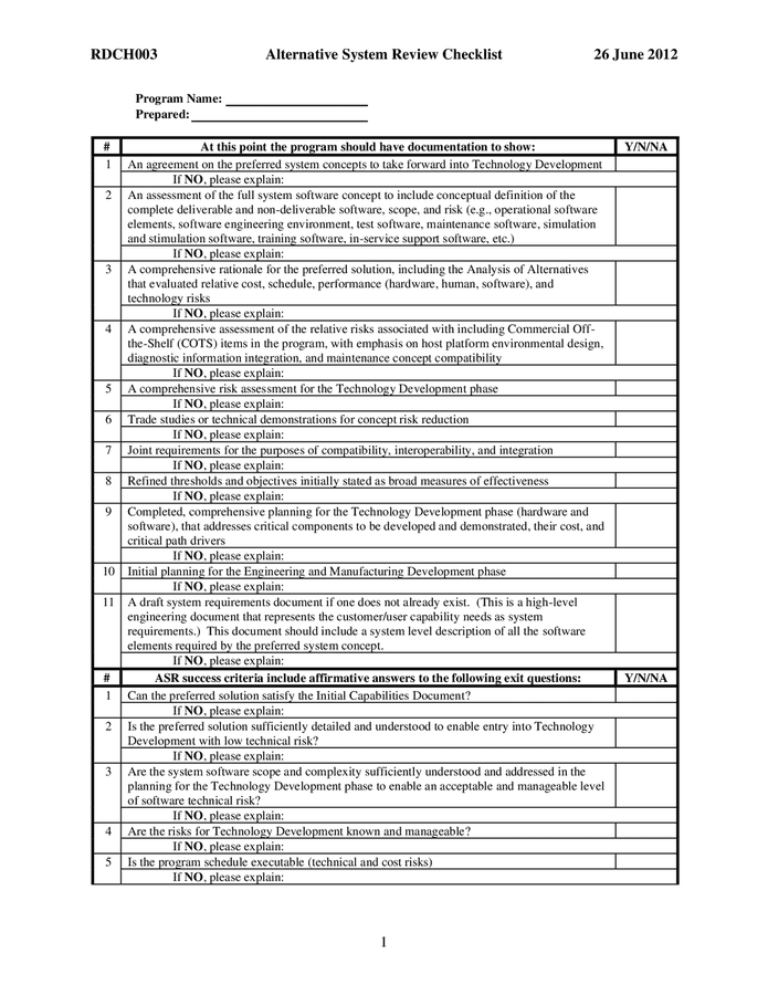 Alternative software system review checklist in Word and Pdf formats