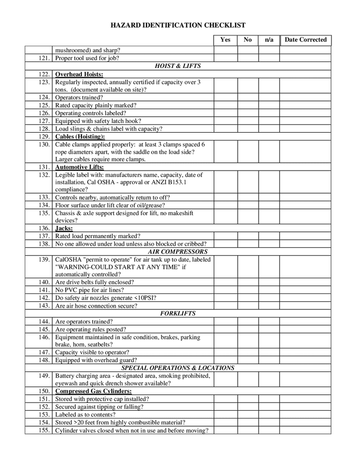 Hazard Identification Checklist In Word And Pdf Formats Page Of