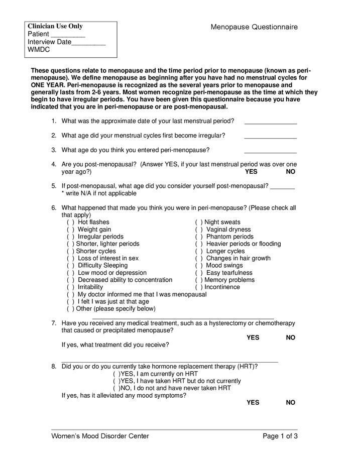 Menopause questionnaire sample in Word and Pdf formats