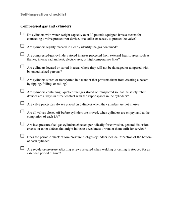 Compressed gas and cylinders inspection list in Word and Pdf formats