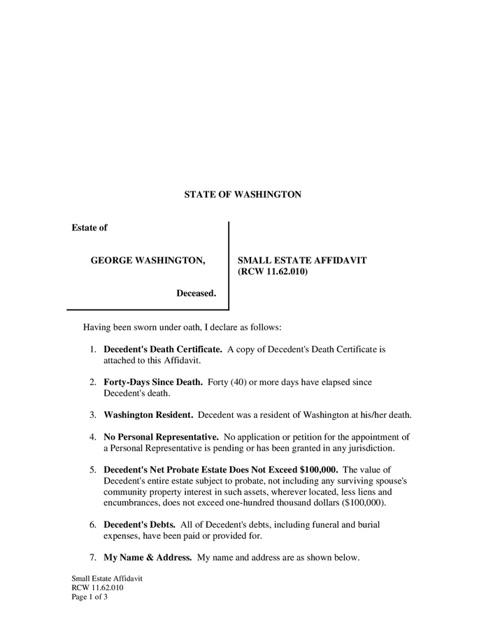 Small Estate Affidavit Washington In Word And Pdf Formats 9903