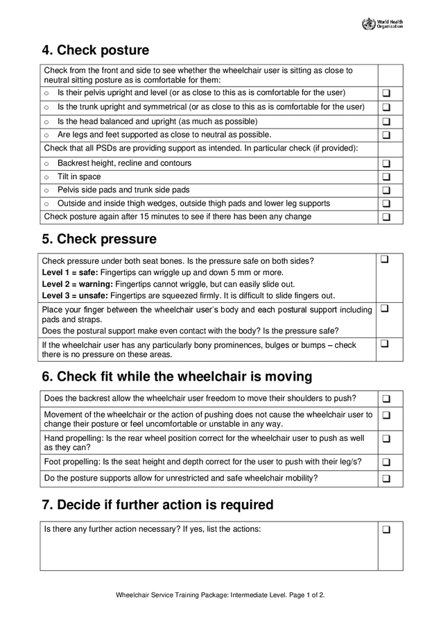 Intermediate wheelchair fitting checklist in Word and Pdf formats page 3 of 4