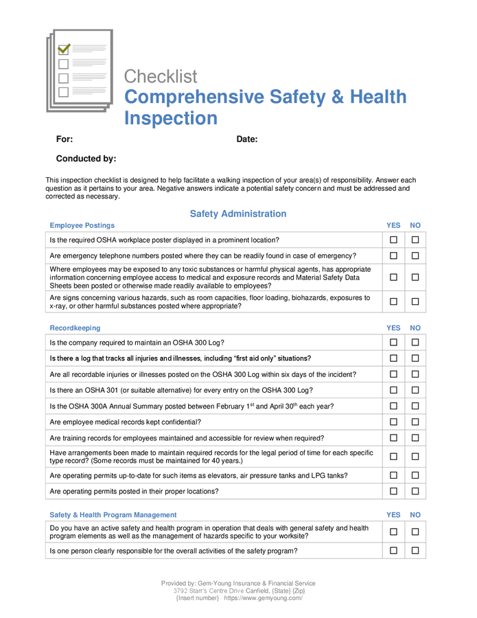 Comprehensive safety & health inspection checklist in Word and Pdf formats