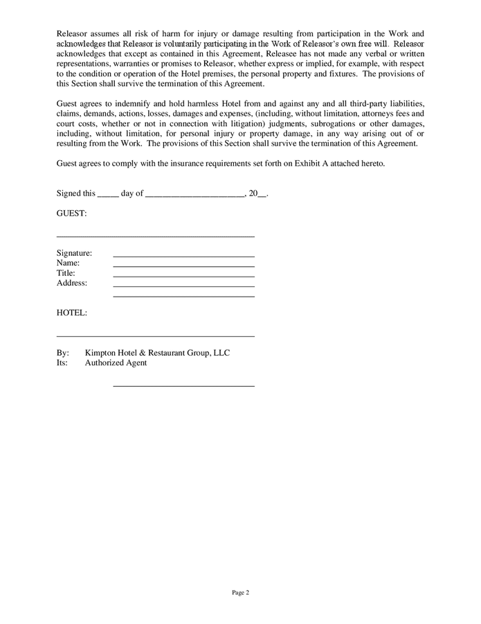 Hotel photo shoot/filming agreement in Word and Pdf formats - page 2 of 3