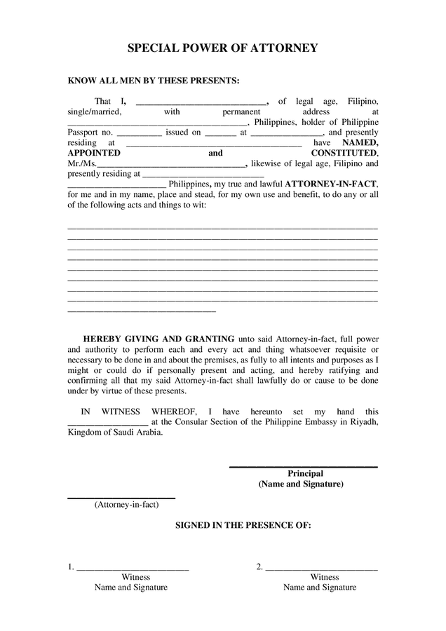 Special Power of Attorney Form - download free documents for PDF, Word