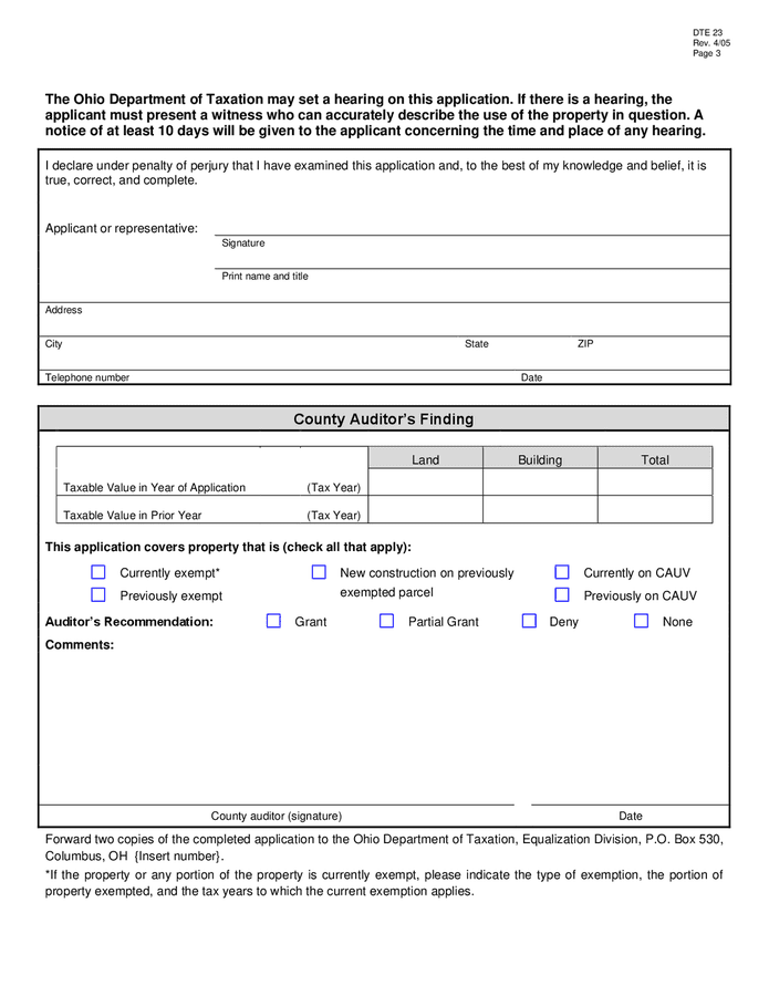 Application for real property tax exemption and remission (Ohio) in ...