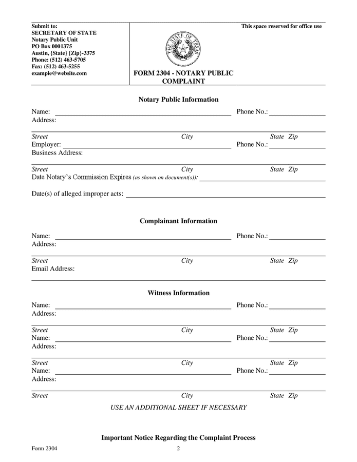 Form 2304 - notary public complaint (Texas) in Word and Pdf formats ...