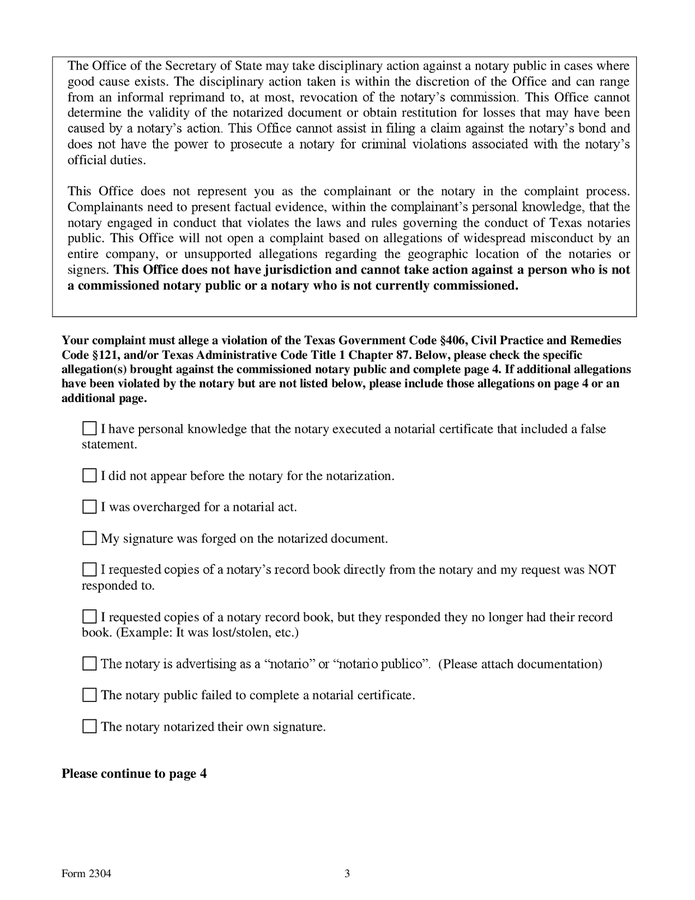 Form 2304 notary public complaint (Texas) in Word and Pdf formats