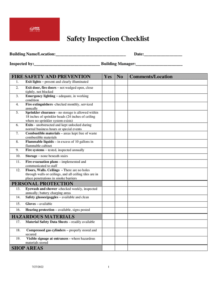 Building safety checklist in Word and Pdf formats