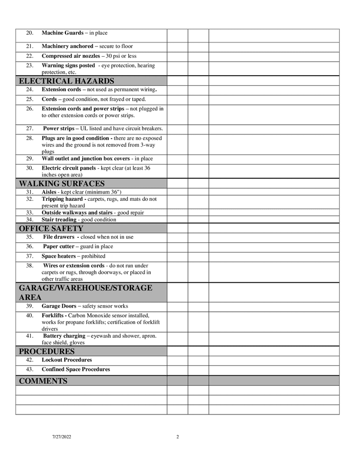 Building safety checklist in Word and Pdf formats - page 2 of 2