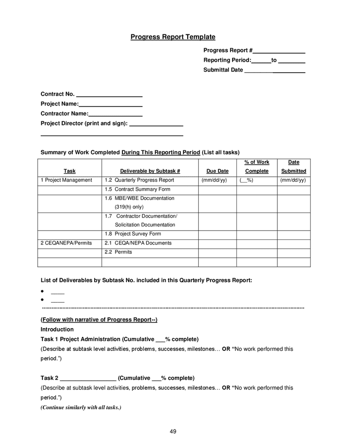 Progress report template in Word and Pdf formats