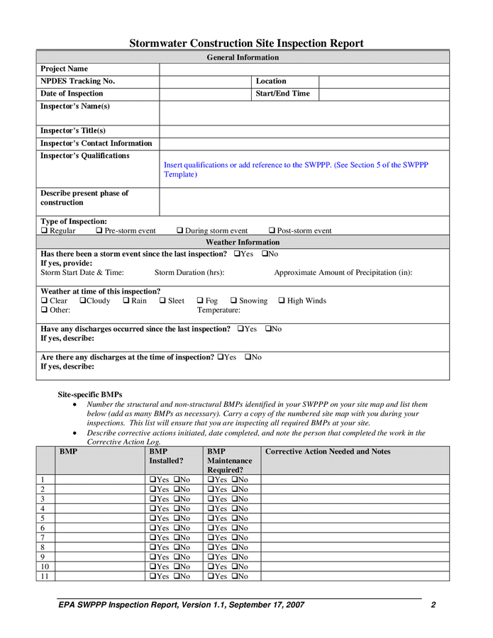 Stormwater Construction Site Inspection Report In Word And Pdf Formats Page Of