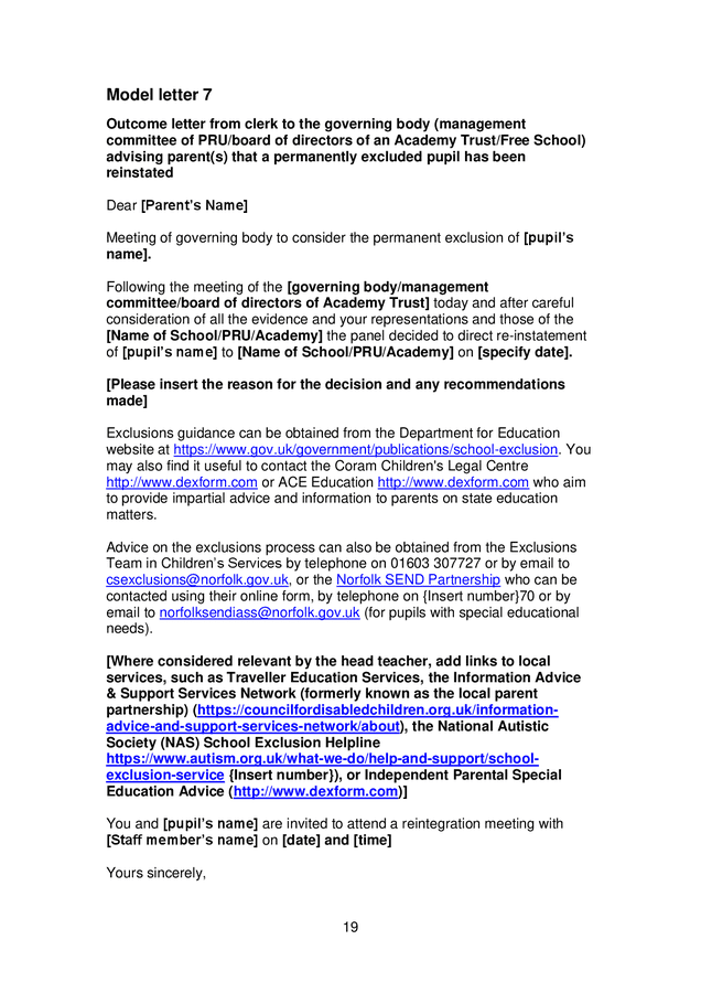 Model letters for school suspensions, permanent exclusions & reviews in