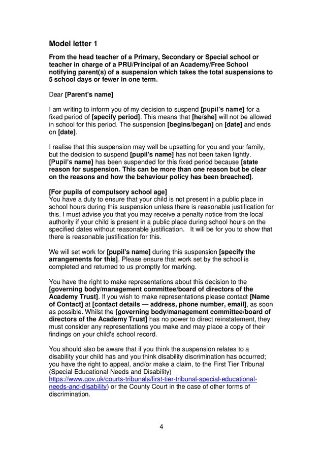 Model letters for school suspensions, permanent exclusions & reviews in