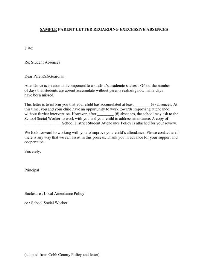 Sample Parent Letter Regarding Execessive Absences In School In Word 