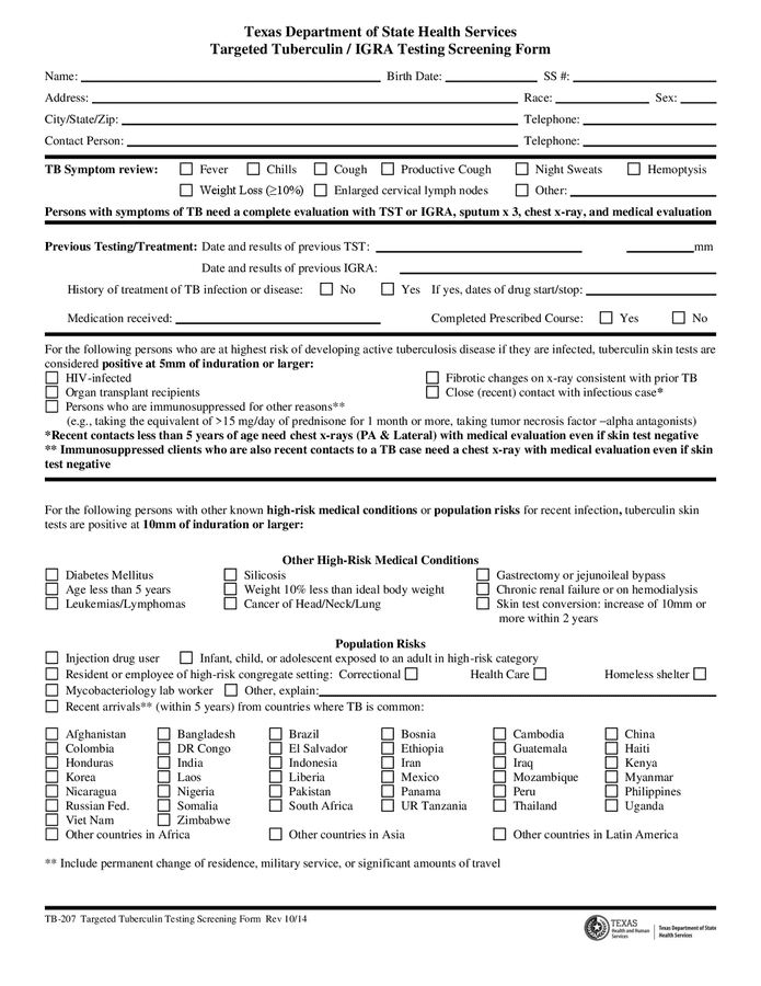 Targeted Tuberculin Igra Testing Screening Form In Word And Pdf Formats 7970