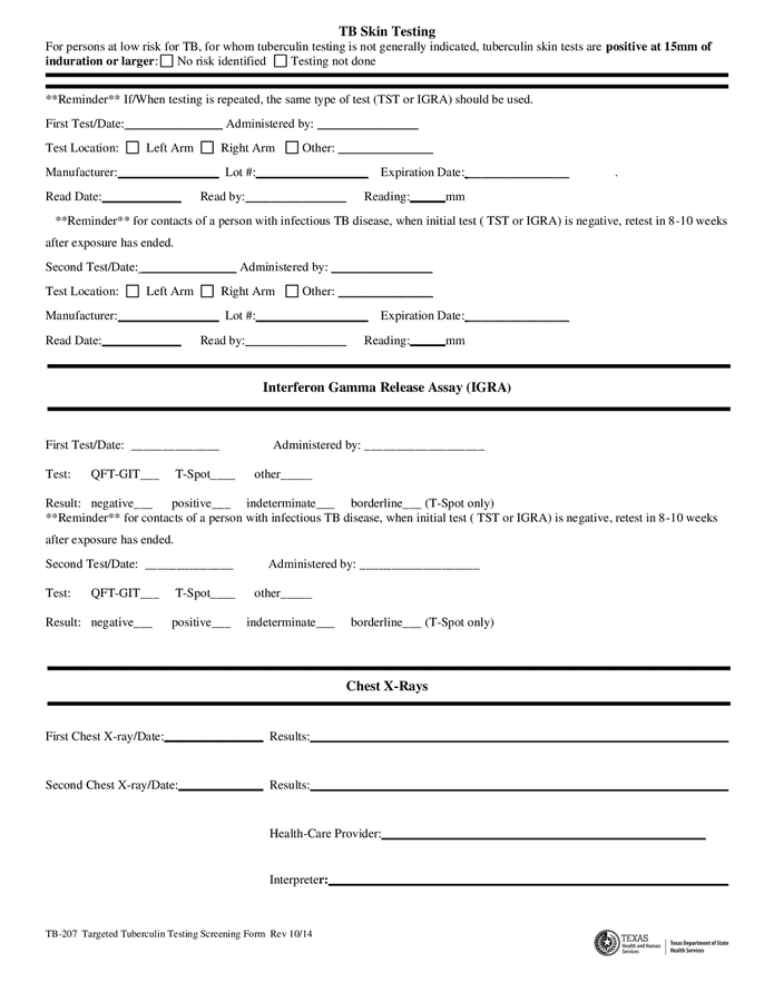 Targeted tuberculin, IGRA testing screening form in Word and Pdf