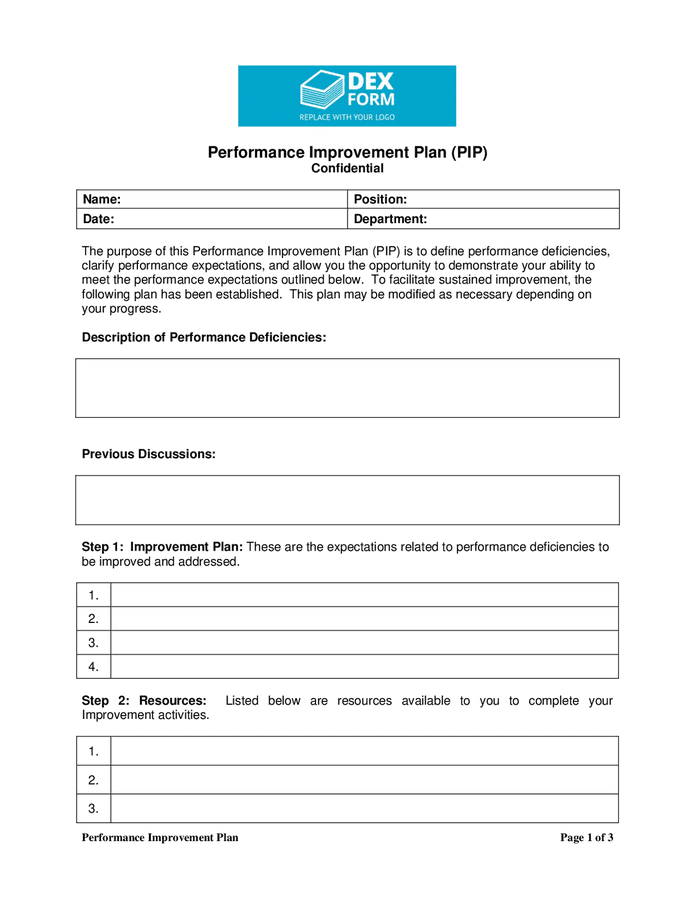 Performance improvement plan template in Word and Pdf formats