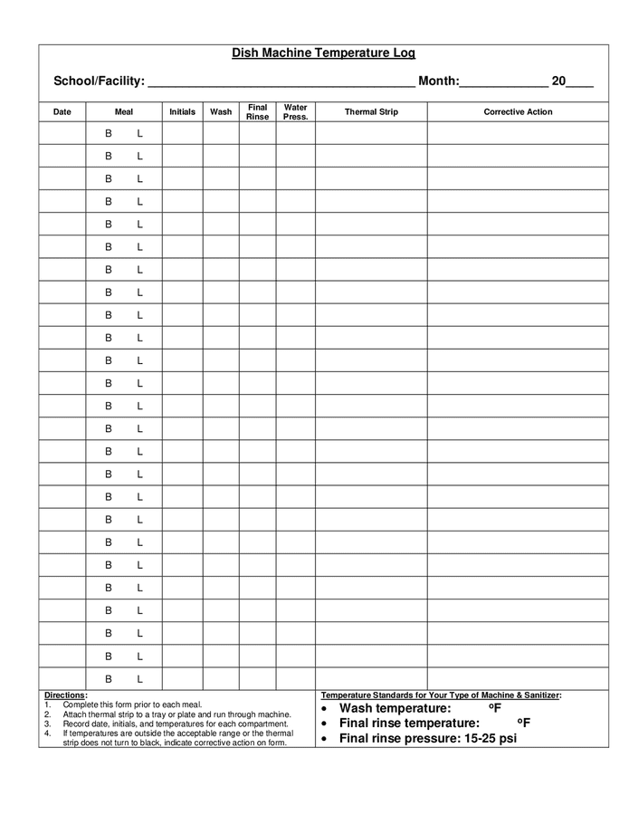 Dishwasher Temperature Log Template Fill Online, Printable,